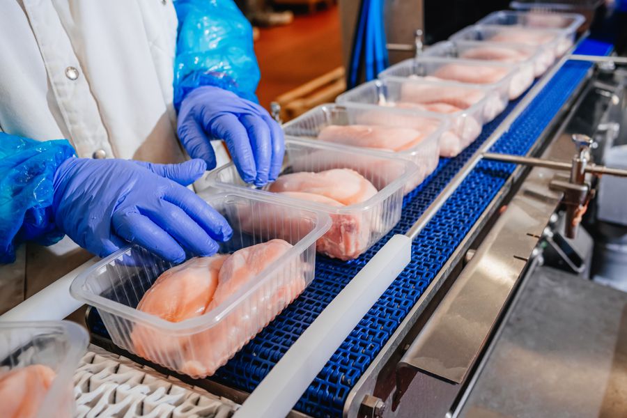 Chicken packs prepared for secondary packaging and distribution on a food production line.